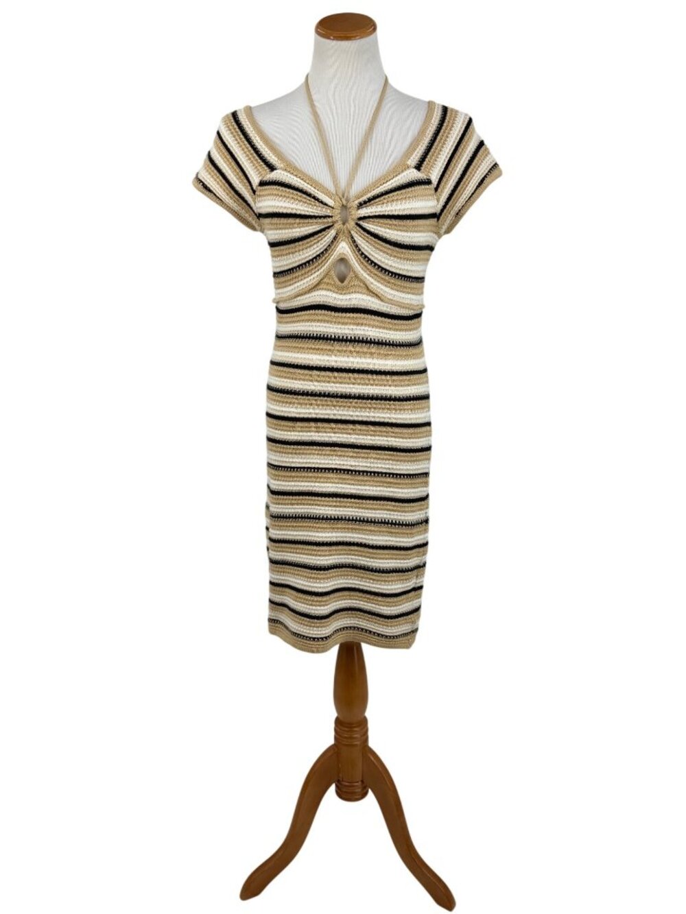 Madden NYC Crochet Knit Neutral Striped Mini Dress M| Coastal Cowgirl Boho Indie - Picture 14 of 16
